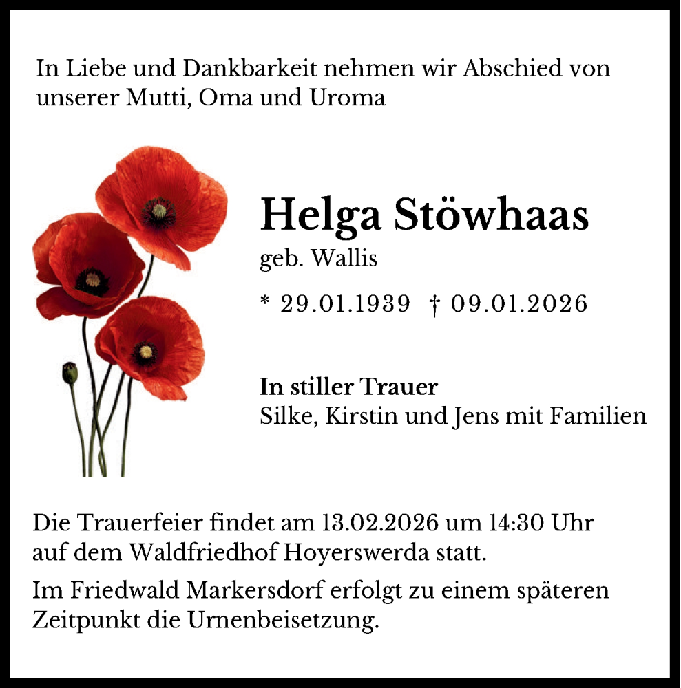  Traueranzeige für Helga Stöwhaas vom 31.01.2026 aus Lausitzer Rundschau