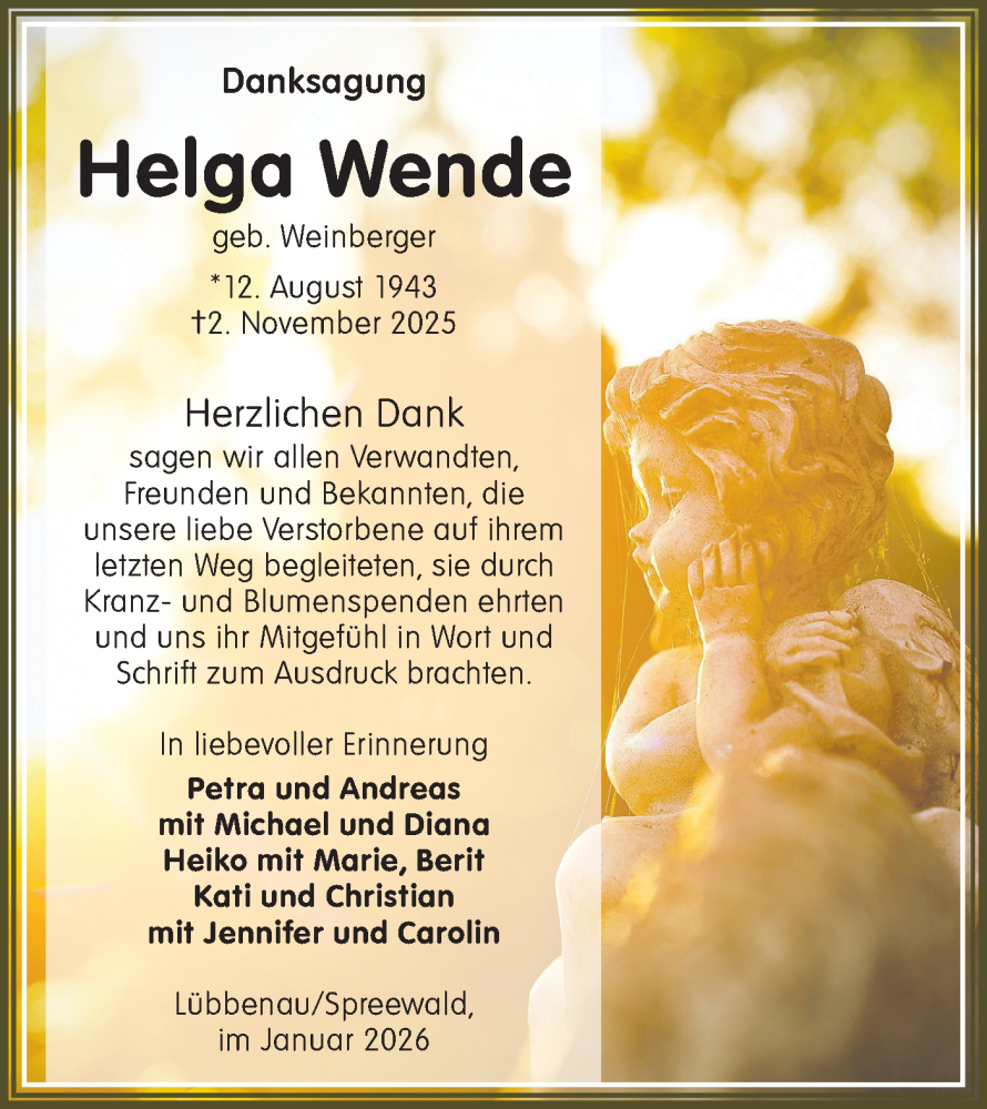  Traueranzeige für Helga Wende vom 17.01.2026 aus Ausg. LR Spreewald RS