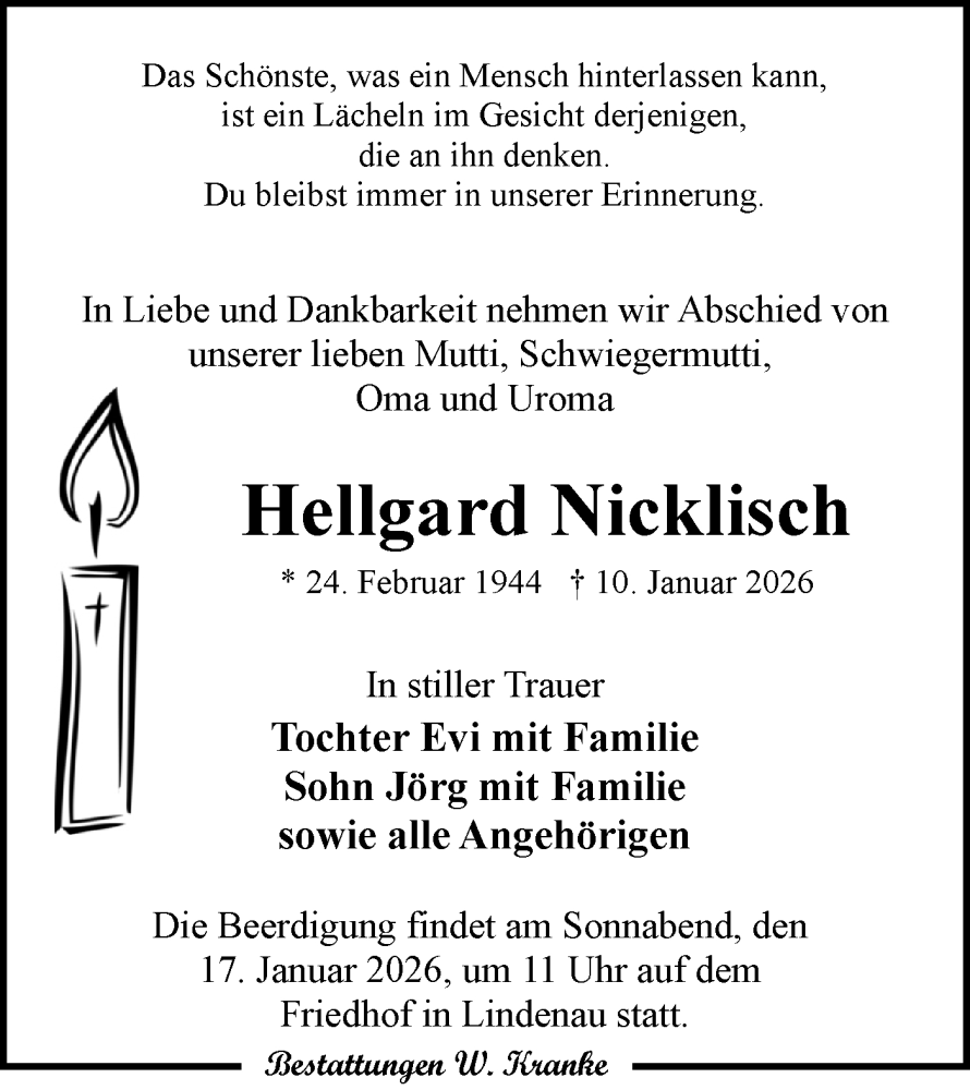  Traueranzeige für Hellgard Nicklisch vom 17.01.2026 aus Lausitzer Rundschau