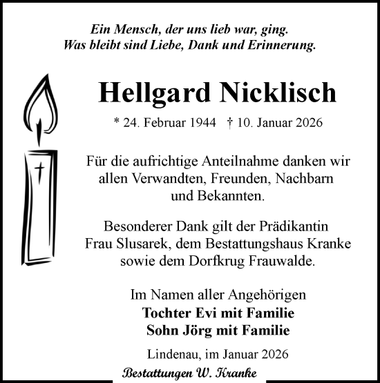 Traueranzeige von Hellgard Nicklisch von Lausitzer Rundschau