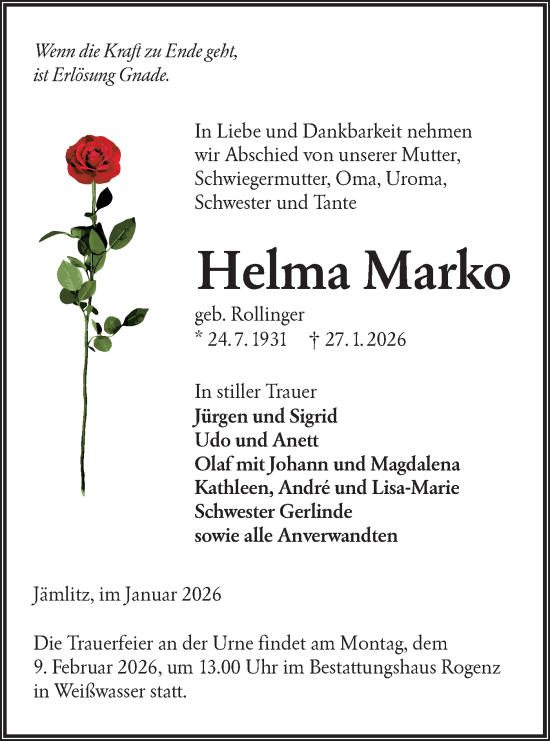 Traueranzeige von Helma Marko von Lausitzer Rundschau
