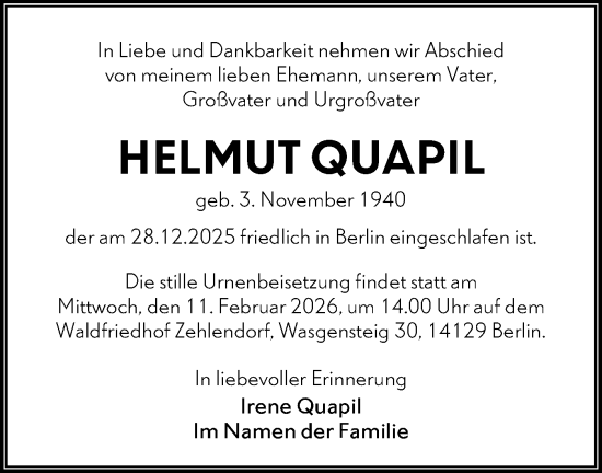 Traueranzeige von Helmut Quapil von Ausg. LR Spreewald RS
