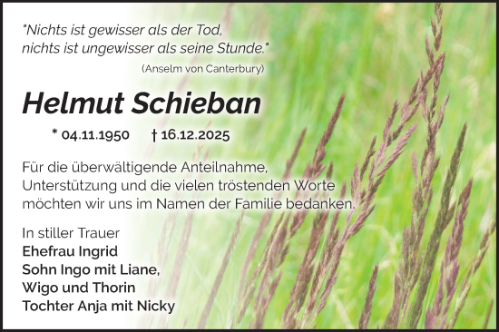 Traueranzeige von Helmut Schieban von Ausg. LR Spreewald RS