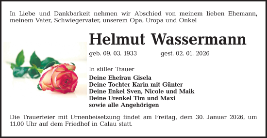 Traueranzeige von Helmut Wassermann von Ausg. LR Spreewald RS