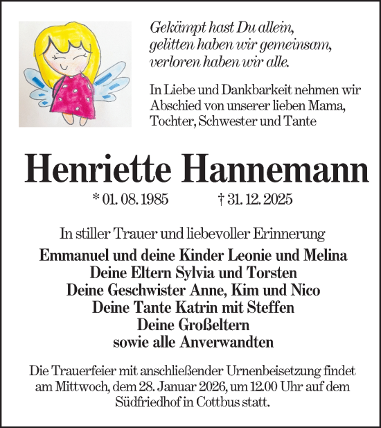 Traueranzeige von Henriette Hannemann von Lausitzer Rundschau