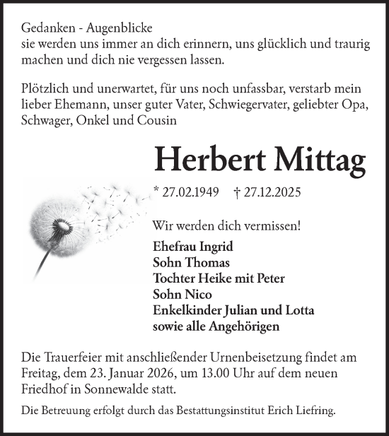 Traueranzeige von Herbert Mittag von Lausitzer Rundschau