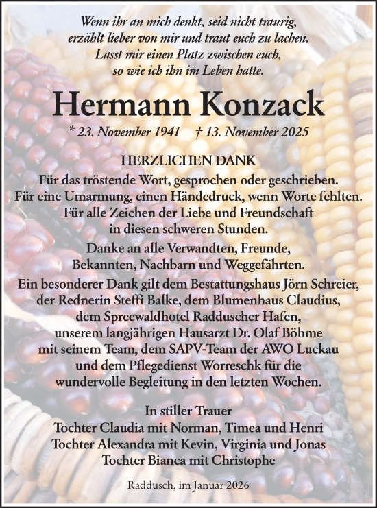 Traueranzeige von Hermann Konzack von Ausg. LR Spreewald RS