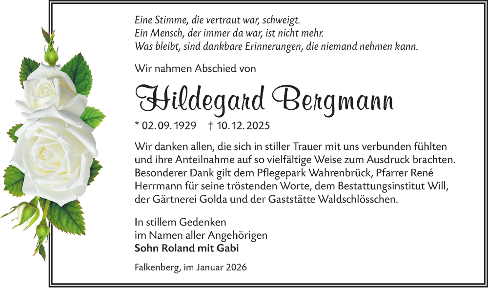  Traueranzeige für Hildegard Bergmann vom 31.01.2026 aus Lausitzer Rundschau