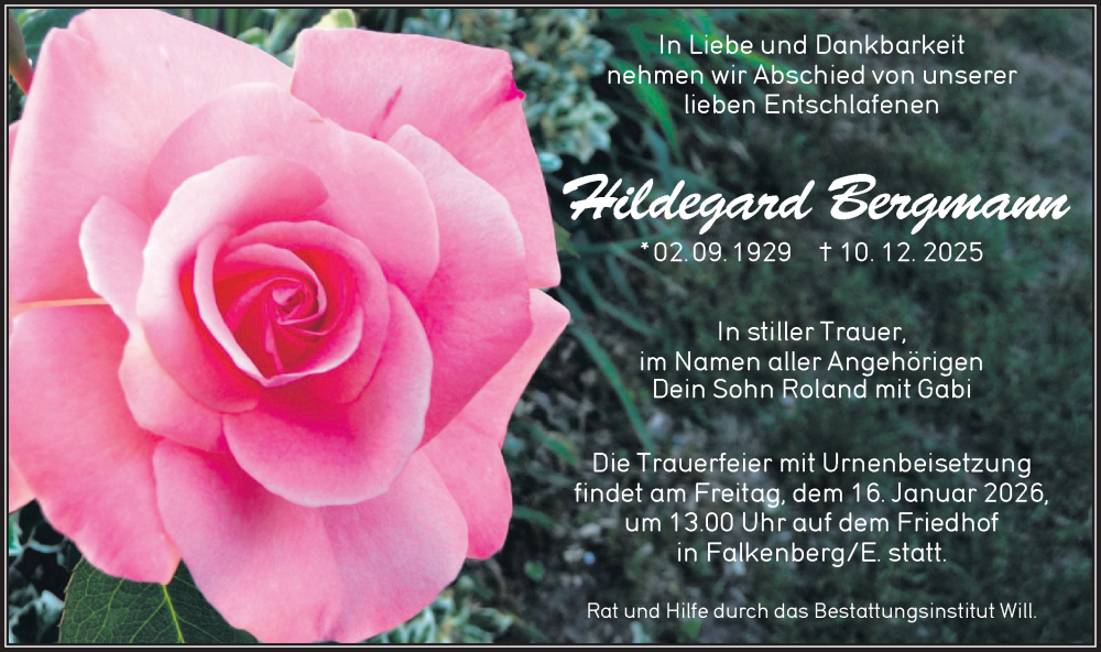  Traueranzeige für Hildegard Bergmann vom 10.01.2026 aus Lausitzer Rundschau