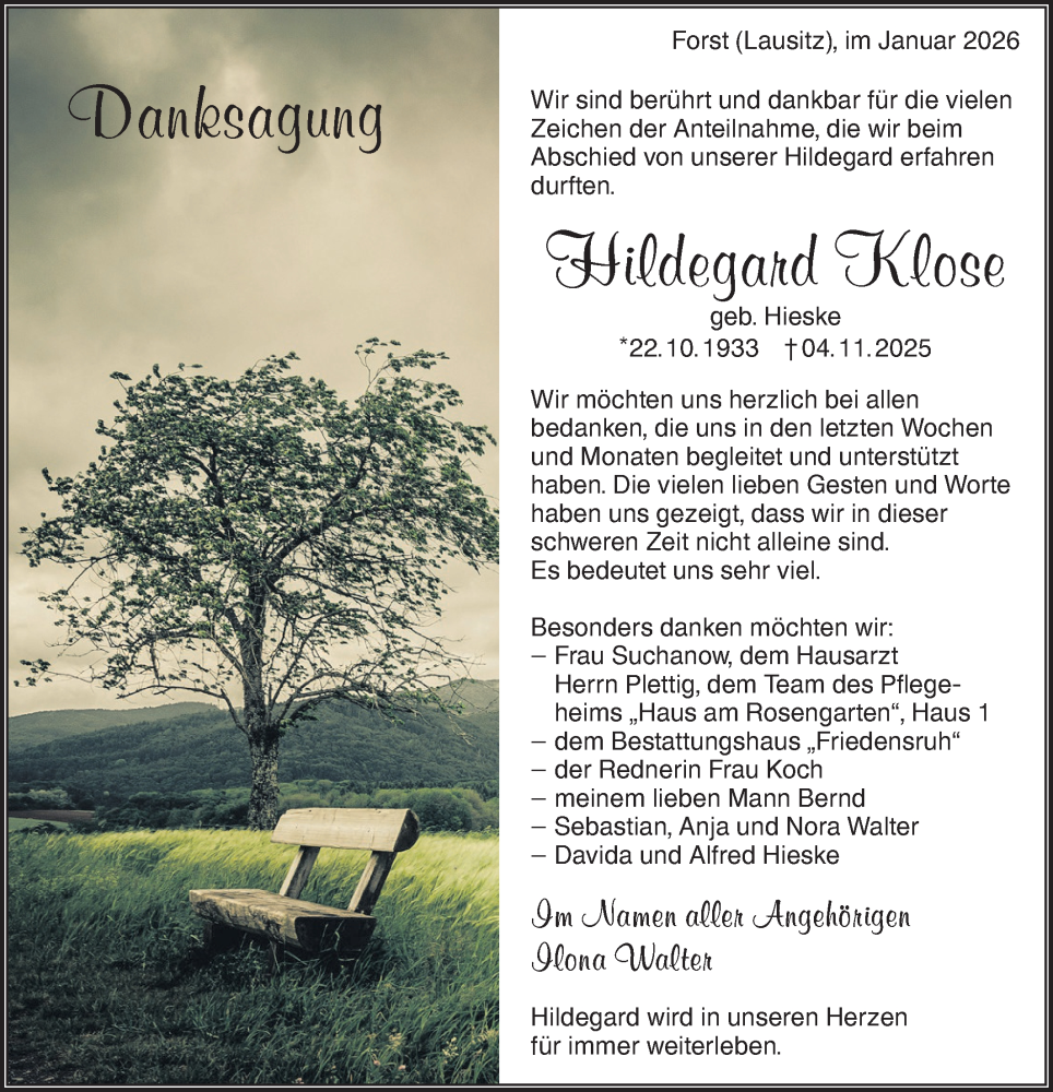  Traueranzeige für Hildegard Klose vom 17.01.2026 aus Lausitzer Rundschau