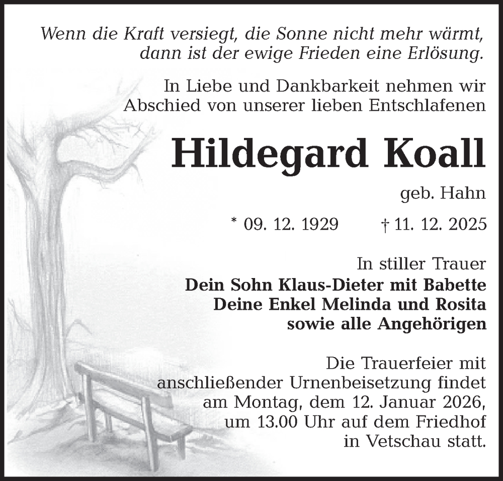  Traueranzeige für Hildegard Koall vom 03.01.2026 aus Ausg. LR Spreewald RS