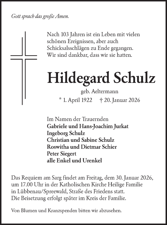 Traueranzeige von Hildegard Schulz von Ausg. LR Spreewald RS