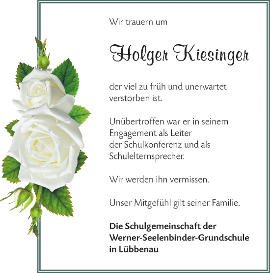 Traueranzeige von Holger Kiesinger von Lausitzer Rundschau