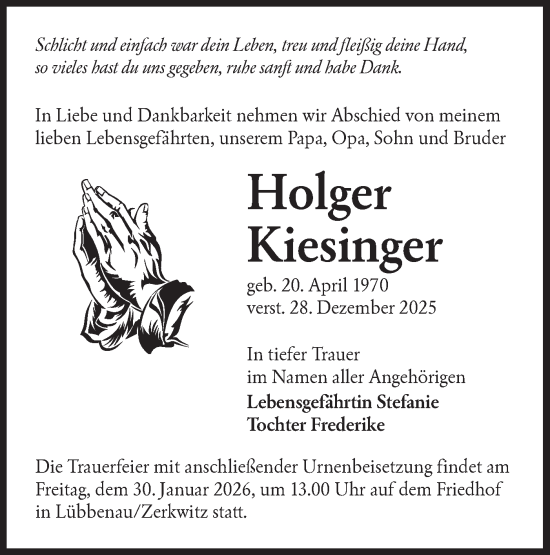 Traueranzeige von Holger Kiesinger von Ausg. LR Spreewald RS
