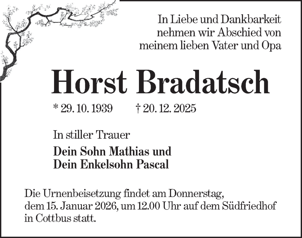  Traueranzeige für Horst Bradatsch vom 10.01.2026 aus Lausitzer Rundschau