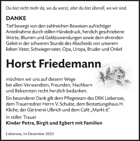 Traueranzeige von Horst Friedemann von Ausg. LR Spreewald RS