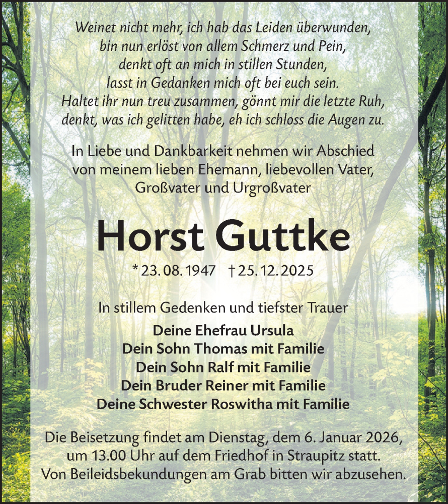  Traueranzeige für Horst Guttke vom 03.01.2026 aus Ausg. LR Spreewald RS
