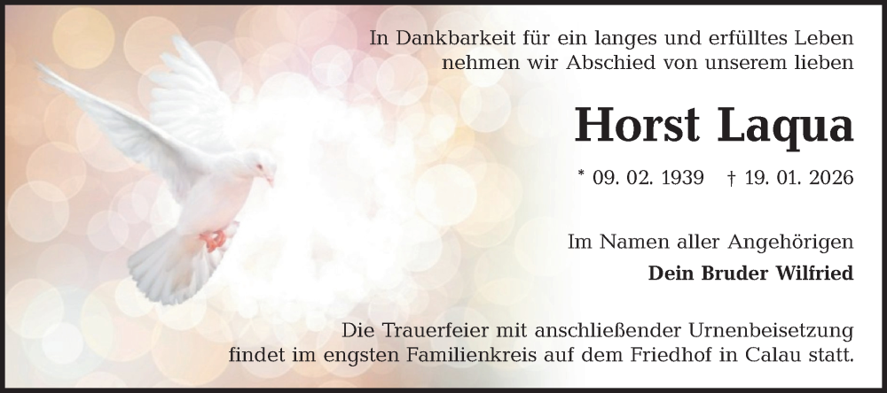  Traueranzeige für Horst Laqua vom 31.01.2026 aus Ausg. LR Spreewald RS