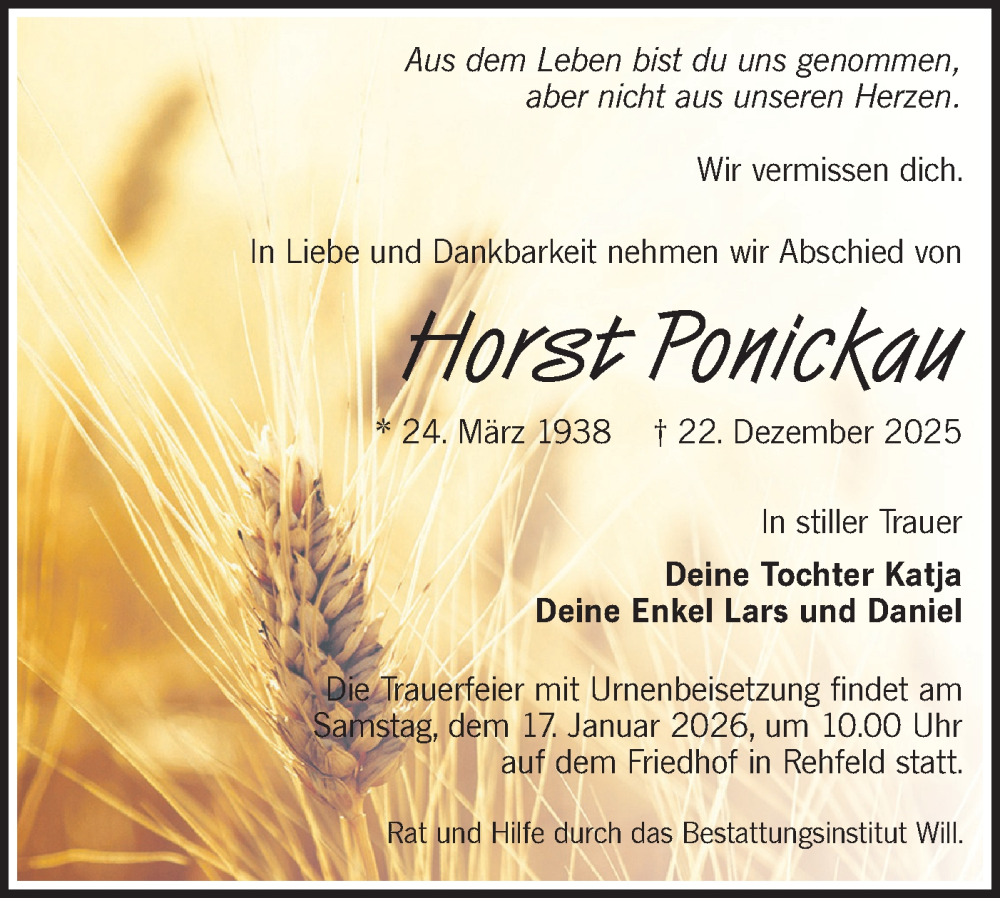  Traueranzeige für Horst Ponickau vom 10.01.2026 aus Lausitzer Rundschau