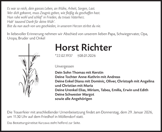 Traueranzeige von Horst Richter von Lausitzer Rundschau
