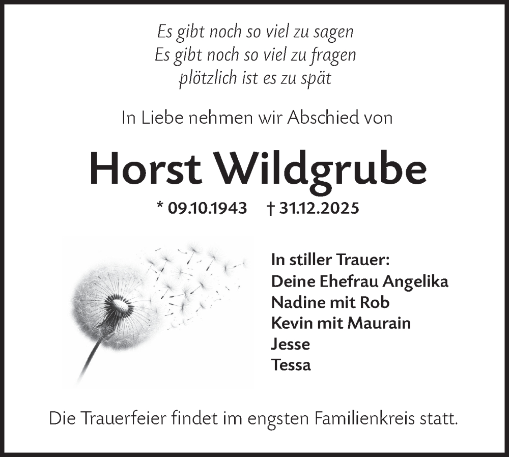  Traueranzeige für Horst Wildgrube vom 10.01.2026 aus Lausitzer Rundschau