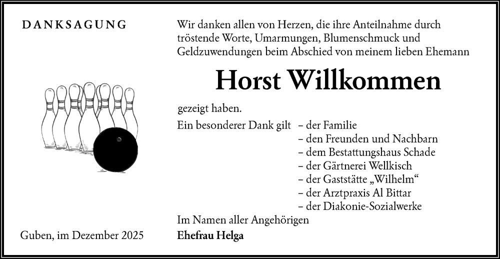  Traueranzeige für Horst Willkommen vom 10.01.2026 aus Lausitzer Rundschau