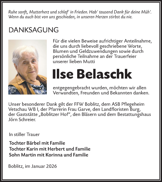 Traueranzeige von Ilse Belaschk von Ausg. LR Spreewald RS
