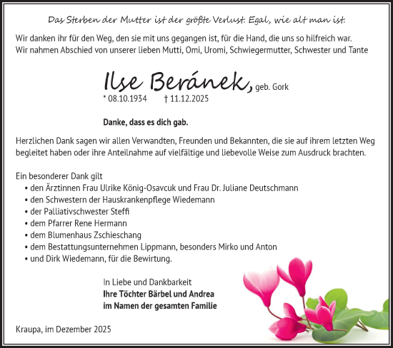 Traueranzeige von Ilse Beránek von Lausitzer Rundschau