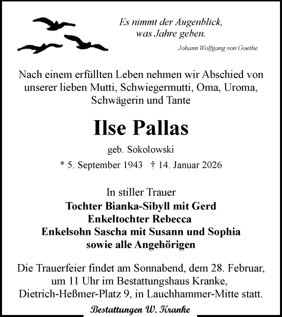 Traueranzeige von Ilse Pallas von Lausitzer Rundschau