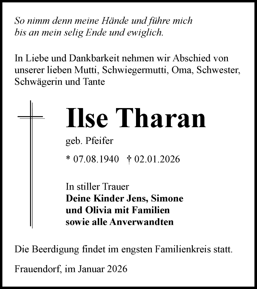  Traueranzeige für Ilse Tharan vom 10.01.2026 aus Lausitzer Rundschau