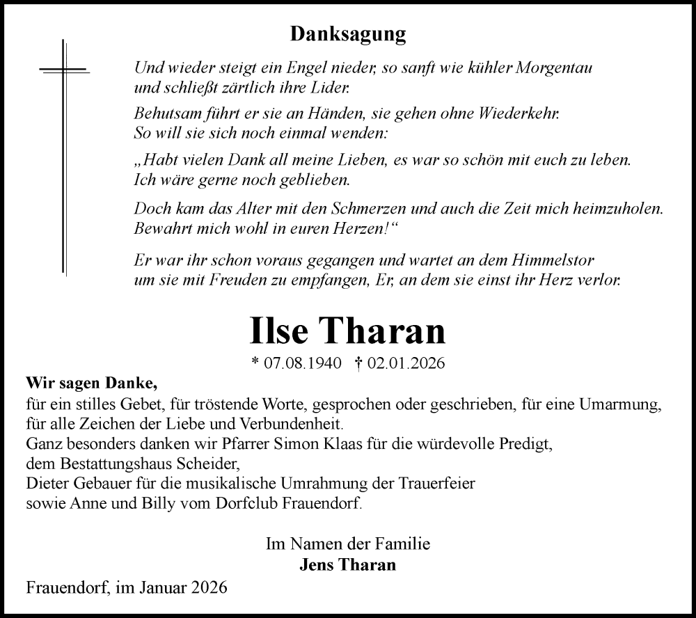  Traueranzeige für Ilse Tharan vom 31.01.2026 aus Lausitzer Rundschau