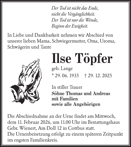 Traueranzeige von Ilse Töpfer von Lausitzer Rundschau