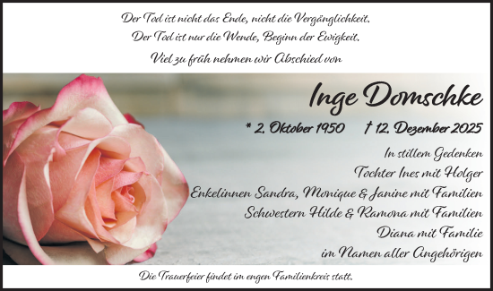 Traueranzeige von Inge Domschke von Ausg. LR Spreewald RS
