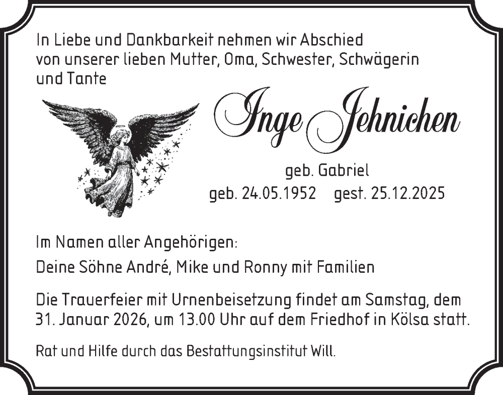  Traueranzeige für Inge Jehnichen vom 24.01.2026 aus Lausitzer Rundschau