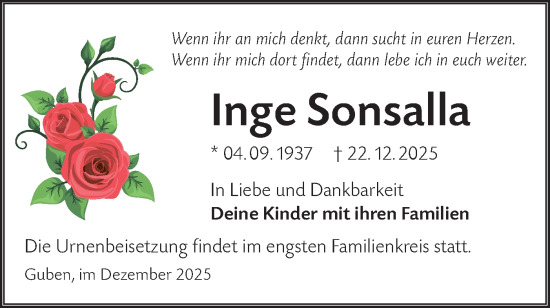 Traueranzeige von Inge Sonsalla von Lausitzer Rundschau