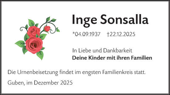 Traueranzeige von Inge Sonsalla von Lausitzer Rundschau