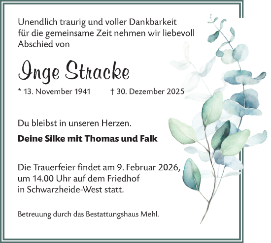 Traueranzeige von Inge Stracke von Lausitzer Rundschau
