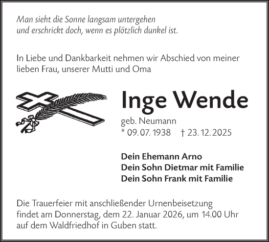 Traueranzeige von Inge Wende von Lausitzer Rundschau