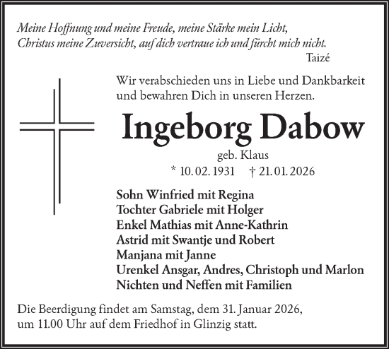 Traueranzeige von Ingeborg Dabow von Lausitzer Rundschau