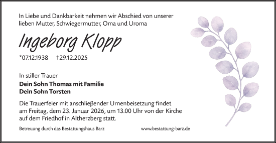 Traueranzeige von Ingeborg Klopp von Lausitzer Rundschau