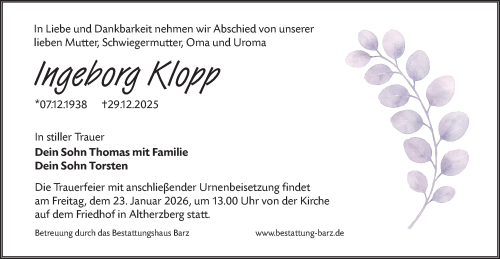  Traueranzeige für Ingeborg Klopp vom 10.01.2026 aus Lausitzer Rundschau