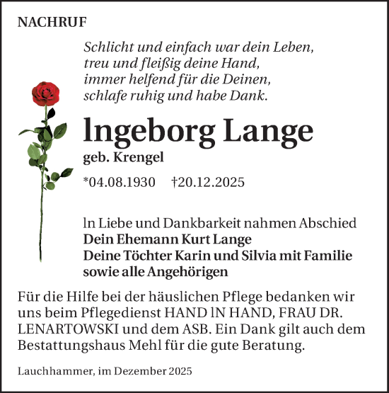 Traueranzeige von Ingeborg Lange von Lausitzer Rundschau