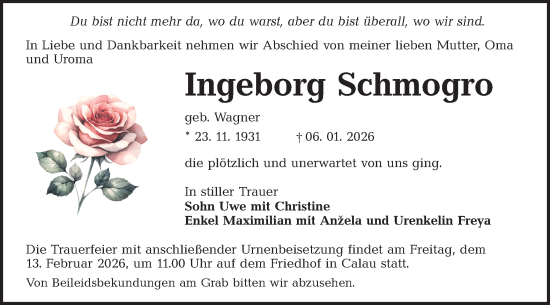 Traueranzeige von Ingeborg Schmogro von Ausg. LR Spreewald RS