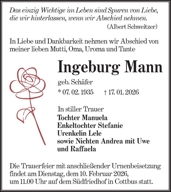 Traueranzeige von Ingeburg Mann von Lausitzer Rundschau