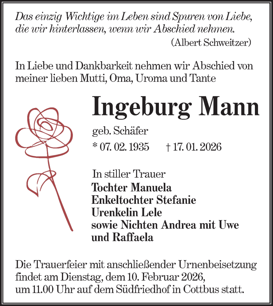  Traueranzeige für Ingeburg Mann vom 31.01.2026 aus Lausitzer Rundschau