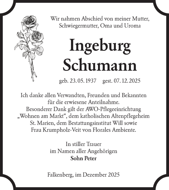 Traueranzeige von Ingeburg Schumann von Lausitzer Rundschau