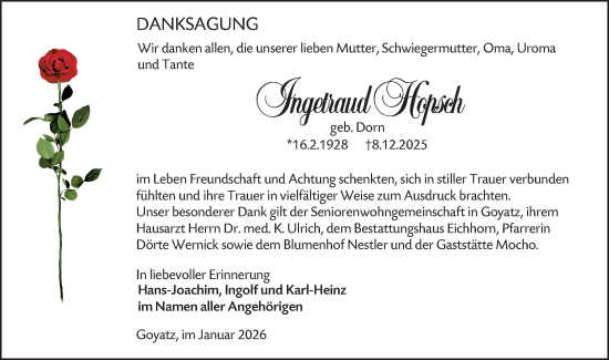 Traueranzeige von Ingetraud Hopsch von Ausg. LR Spreewald RS