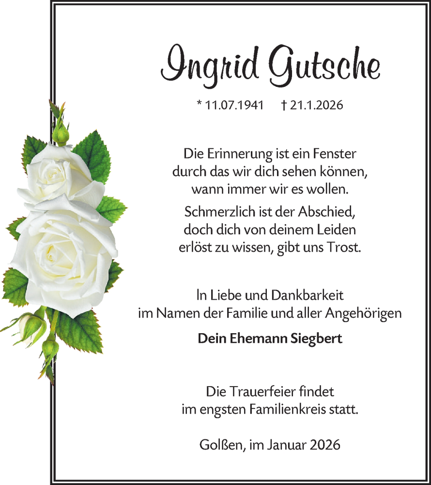  Traueranzeige für Ingrid Gutsche vom 31.01.2026 aus Ausg. LR Spreewald RS