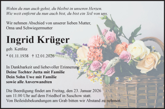 Traueranzeige von Ingrid Krüger von Ausg. LR Spreewald RS