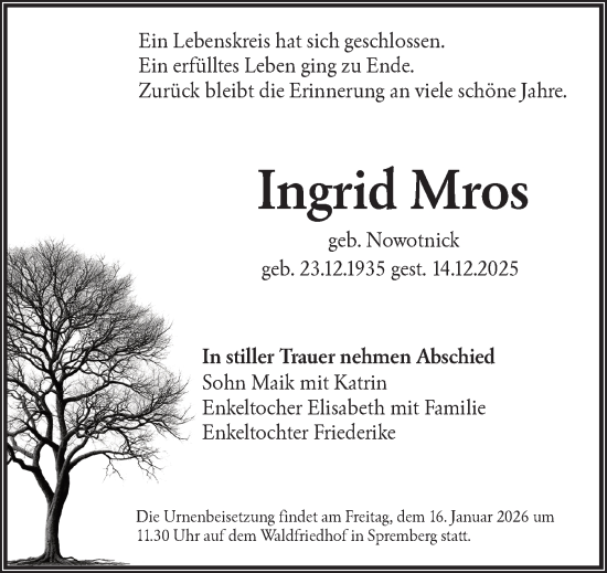 Traueranzeige von Ingrid Mros von Lausitzer Rundschau